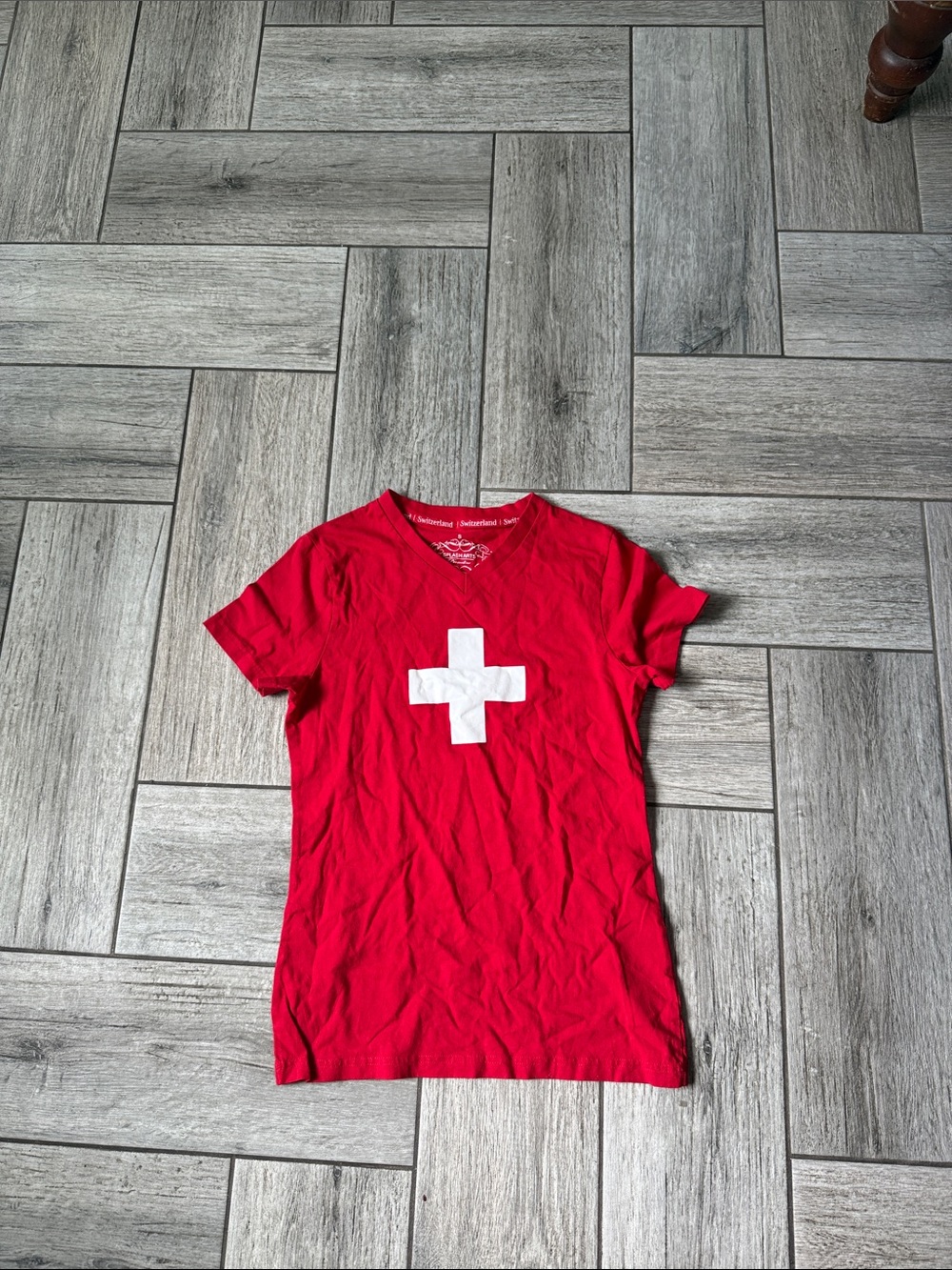 Splash Red V-Neck Tee with White Cross